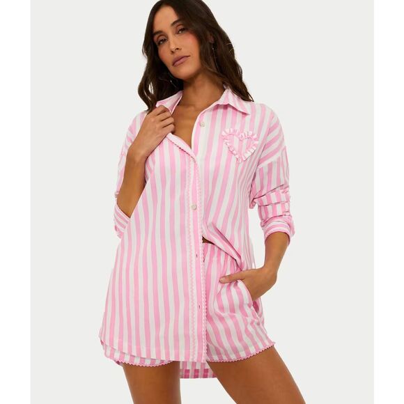 New Beach Riot Women's Cassidy Woven Button up top Blouse Pink Stripe Size Large - Picture 1 of 8